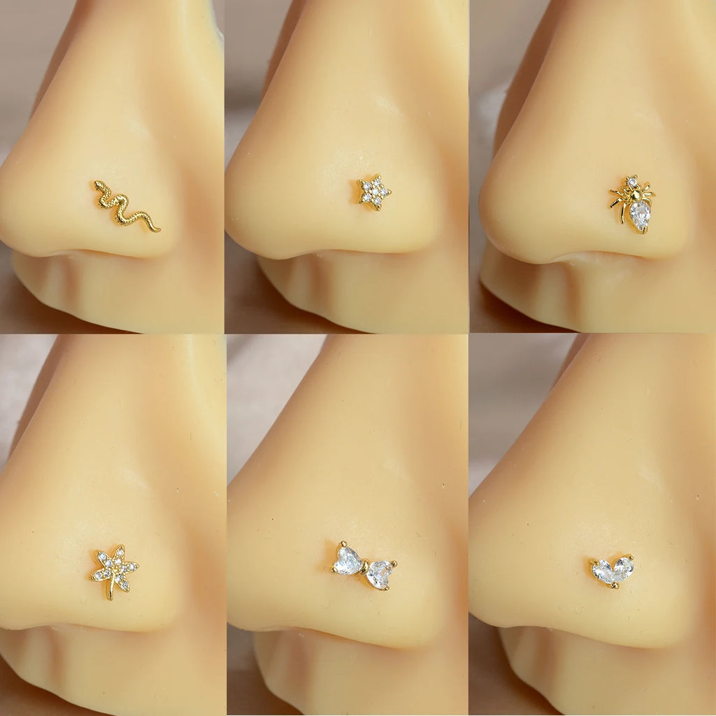 1PC Stainless Steel CZ Nose Ring L Shape Nose Studs Spider Snake Bow Flower Leaf Nostril Nose Piercing Body Jewelry  For Women