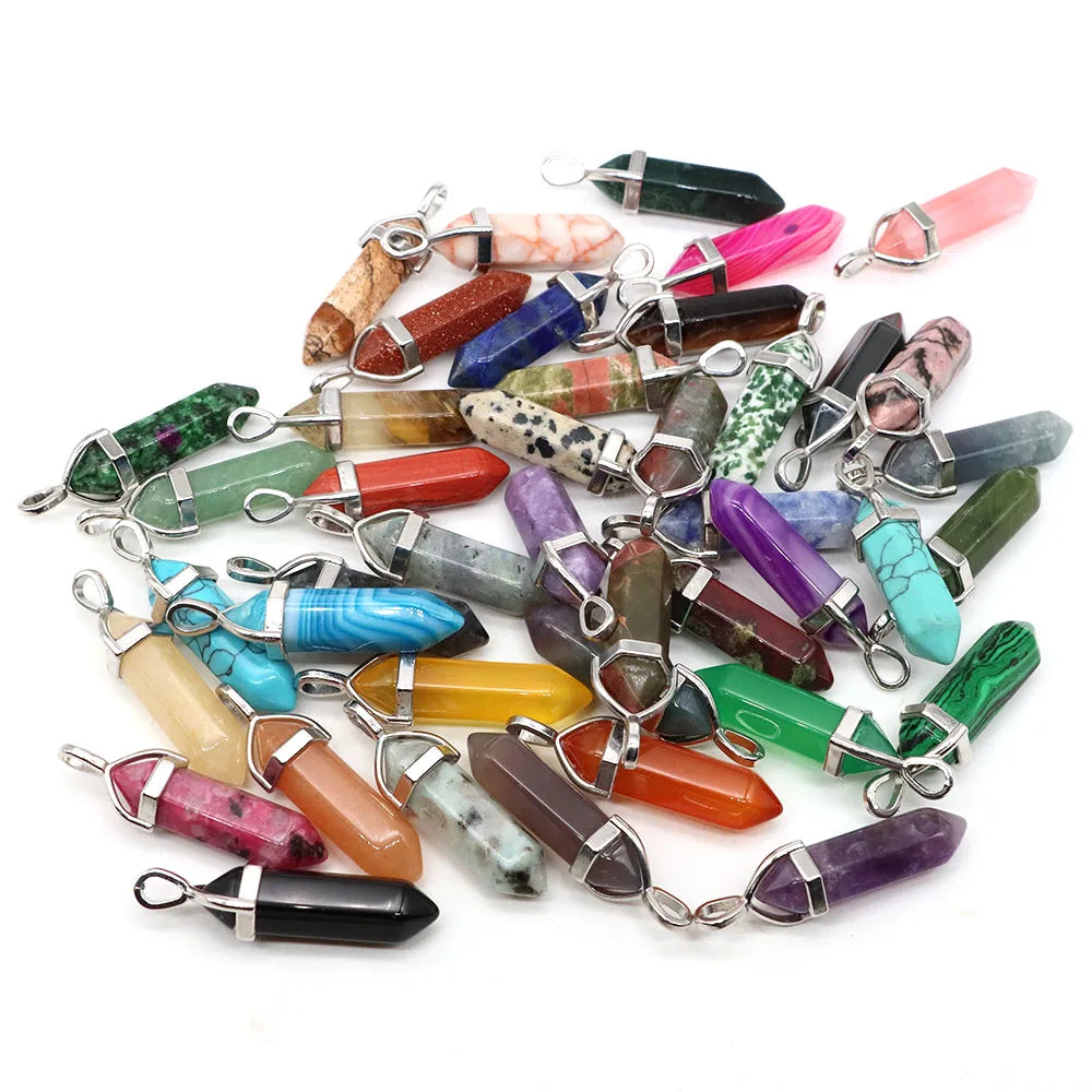 1PC Hexagonal Chakra Crystal Pendant Bullet Shape Natural Gemstone Pointed Quartz Stone Pendants for DIY Necklace Jewelry Making