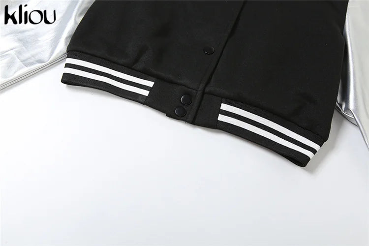 Kliou Letter Shape Patchwork Coats Women Casual Classic Panelled Long Sleeve Single Breasted Croped Jacket Female Street Outwear