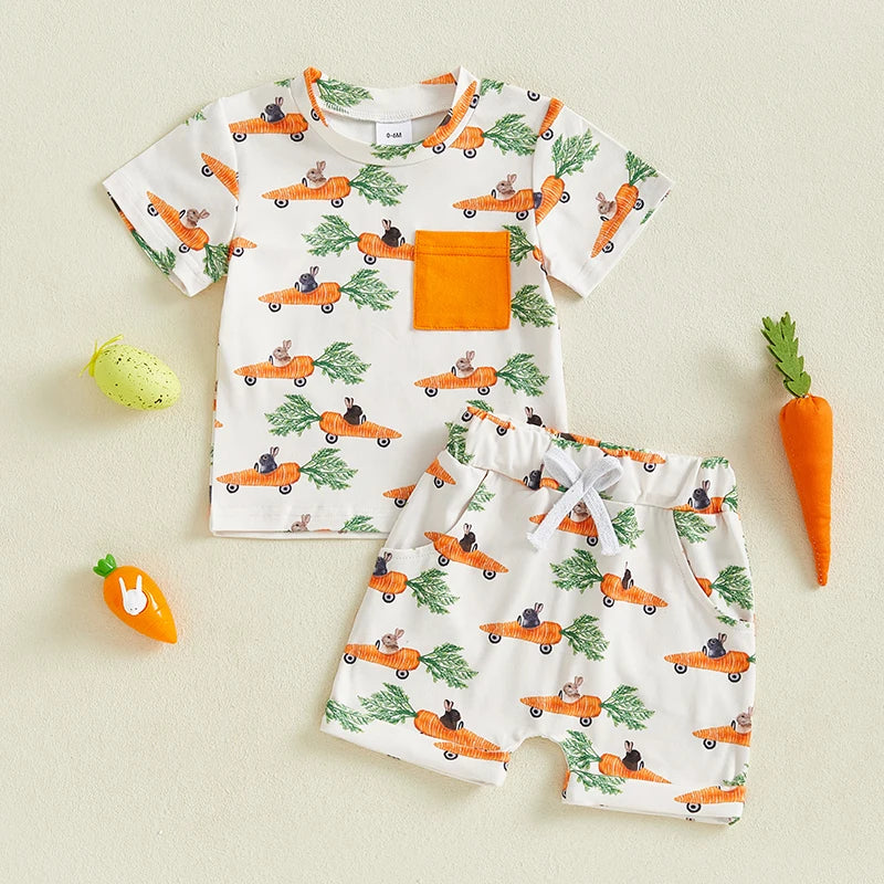 2024-12-23 Lioraitiin Summer Toddler Baby Boys Easter Outfits Bunny Pattern Crew Neck Short Sleeve T-Shirt with Shorts Set