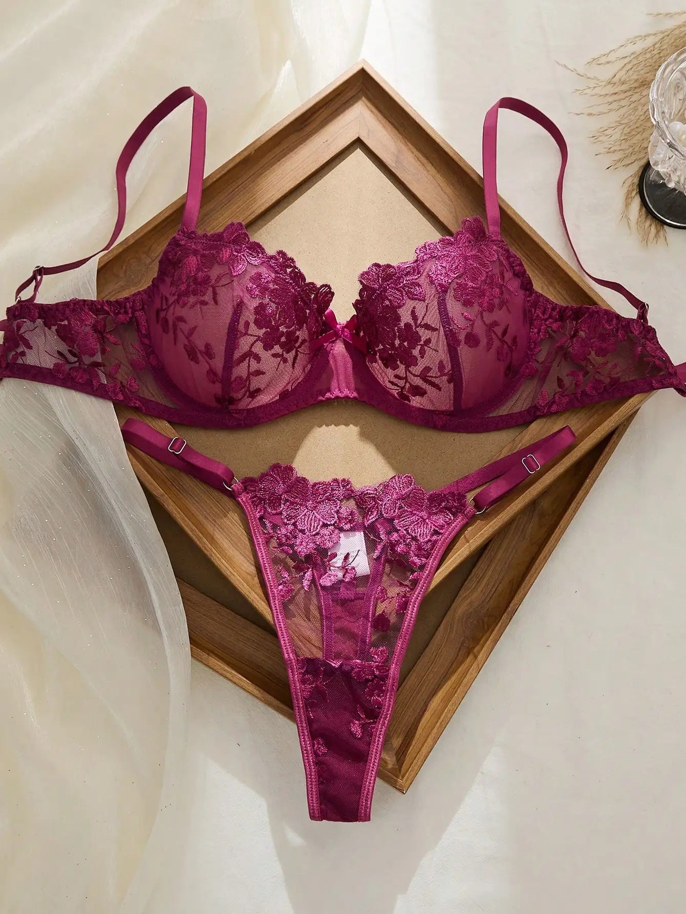 2pcs Mesh Embroidery Floral Lace Women Lingerie Set
