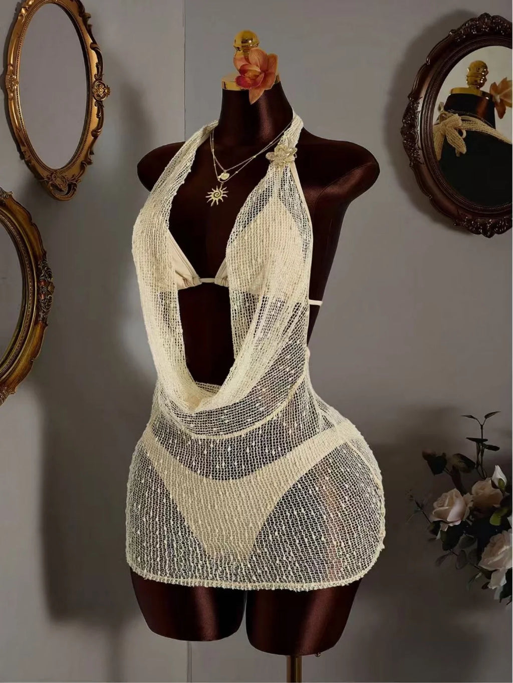 Sexy Mesh Dress 3 Piece Bikini Set 2026 Women Beige Push Up Bra Thong Swimsuit Summer Bathing Suit Holiday Swimwear Biquini