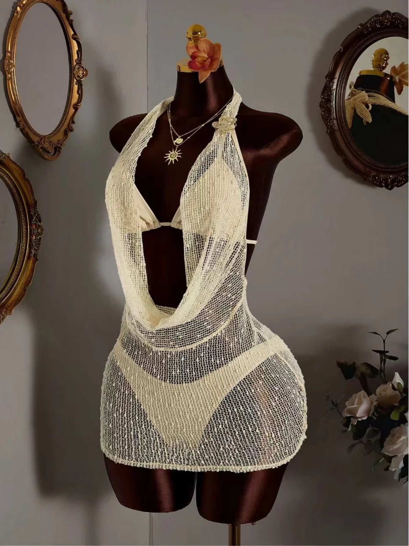 Sexy Mesh Dress 3 Piece Bikini Set 2026 Women Beige Push Up Bra Thong Swimsuit Summer Bathing Suit Holiday Swimwear Biquini