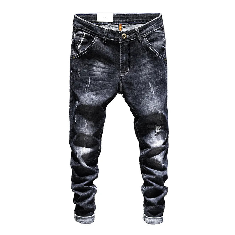 Jeans Men Long Pants Denim Pant Straight Trousers Zipper High Waist Simple Splice Casual Regular Slim Fit Sheath Autumn Winter