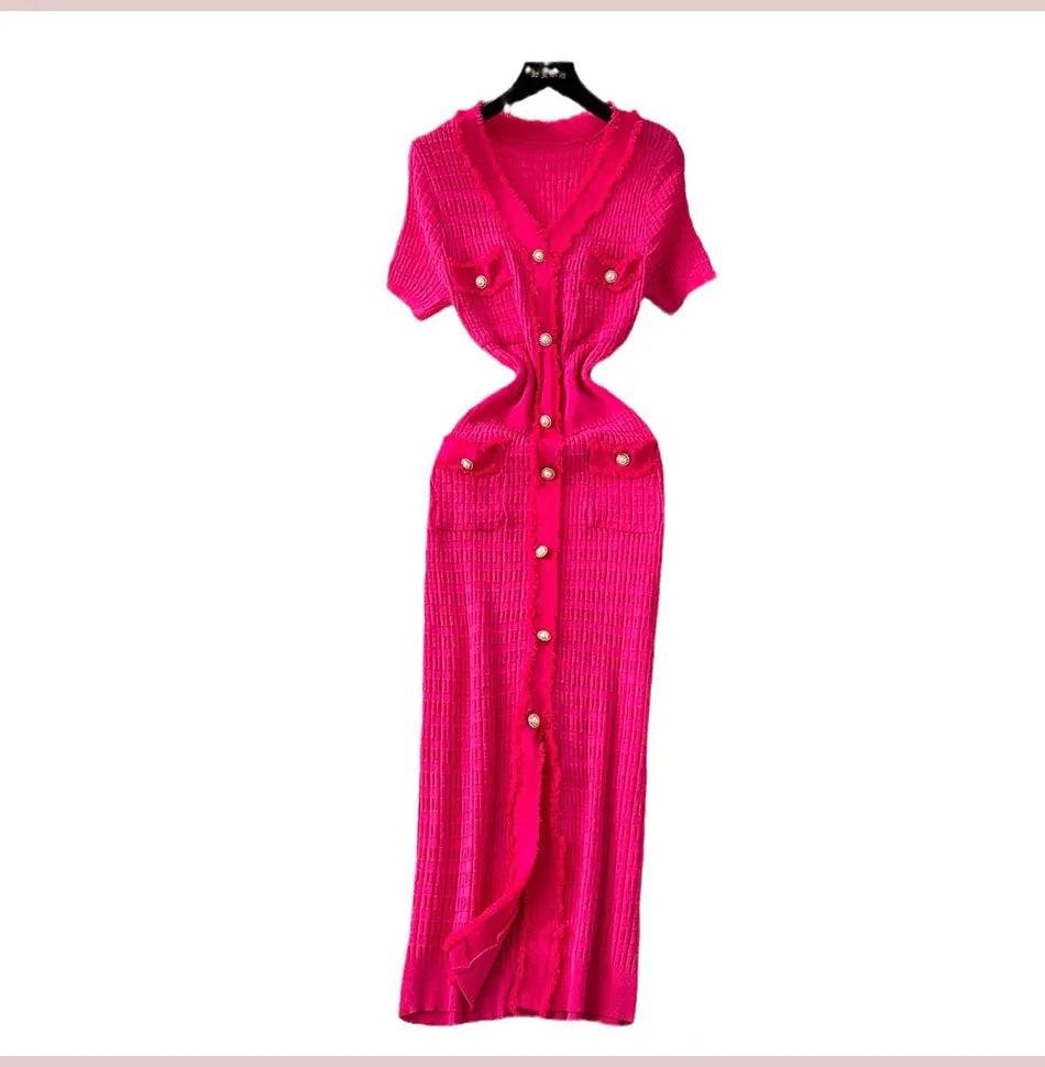 2025 New Arrival Women Knitted Long Dress Elegant V-neck Single-breasted Split Sweater Dress Office Lady Vestidos