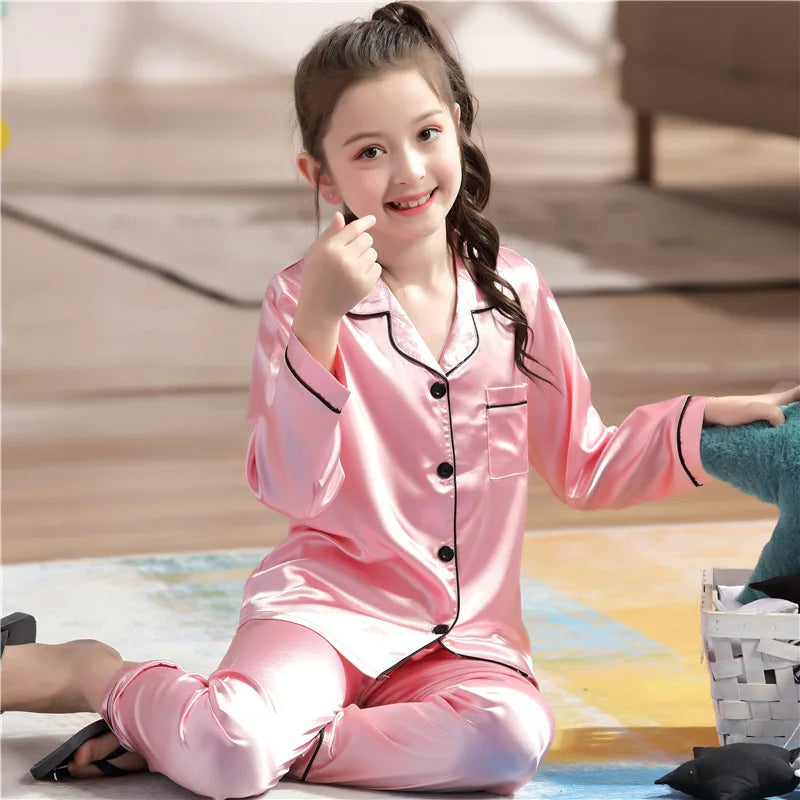 Children's Clothing Teen Girl Pink Satin Pajamas Long Sleeve Kids Homewear Clothes Boys Solid Nightshirt Silk Pijamas Baby Pjs