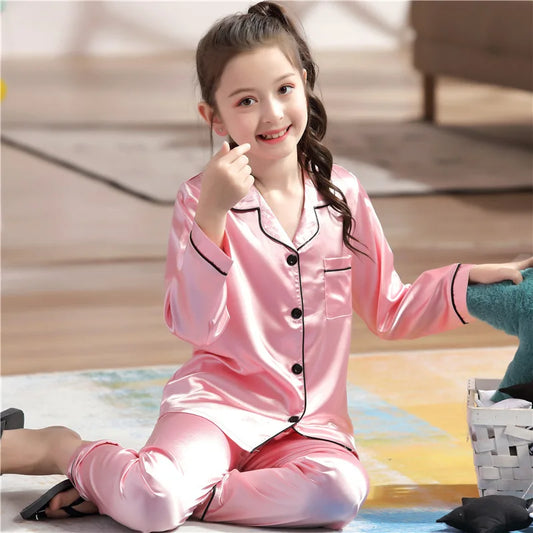 Children's Clothing Teen Girl Pink Satin Pajamas Long Sleeve Kids Homewear Clothes Boys Solid Nightshirt Silk Pijamas Baby Pjs