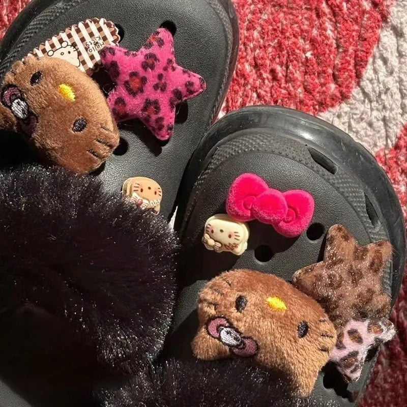 Y2k Leopard Print Star Bow Hello Kitty Hole Shoes Accessories Decoration Kawaii Japanese Cute Hello Kitty Shoe Flower Set  Gift