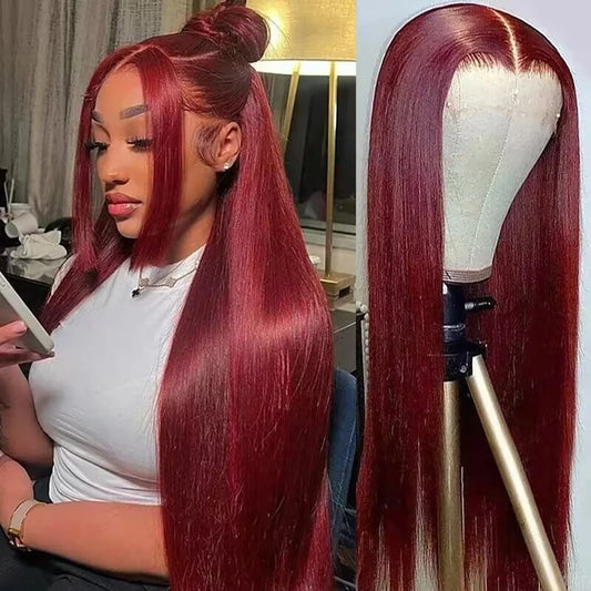 Burgundy HD Lace Front Wig — Straight 99J Human Hair, 200% Density