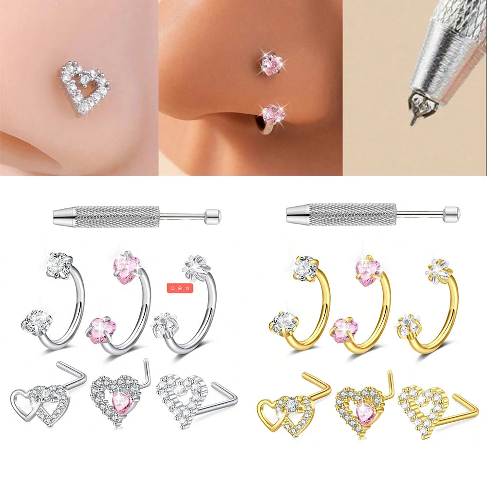 3pcs/Set Heart Horseshoe Nose Ring Nose Studs, Silver Gold Nose Ring, Stainless Steel Nose Piercing Jewelry For Women Man