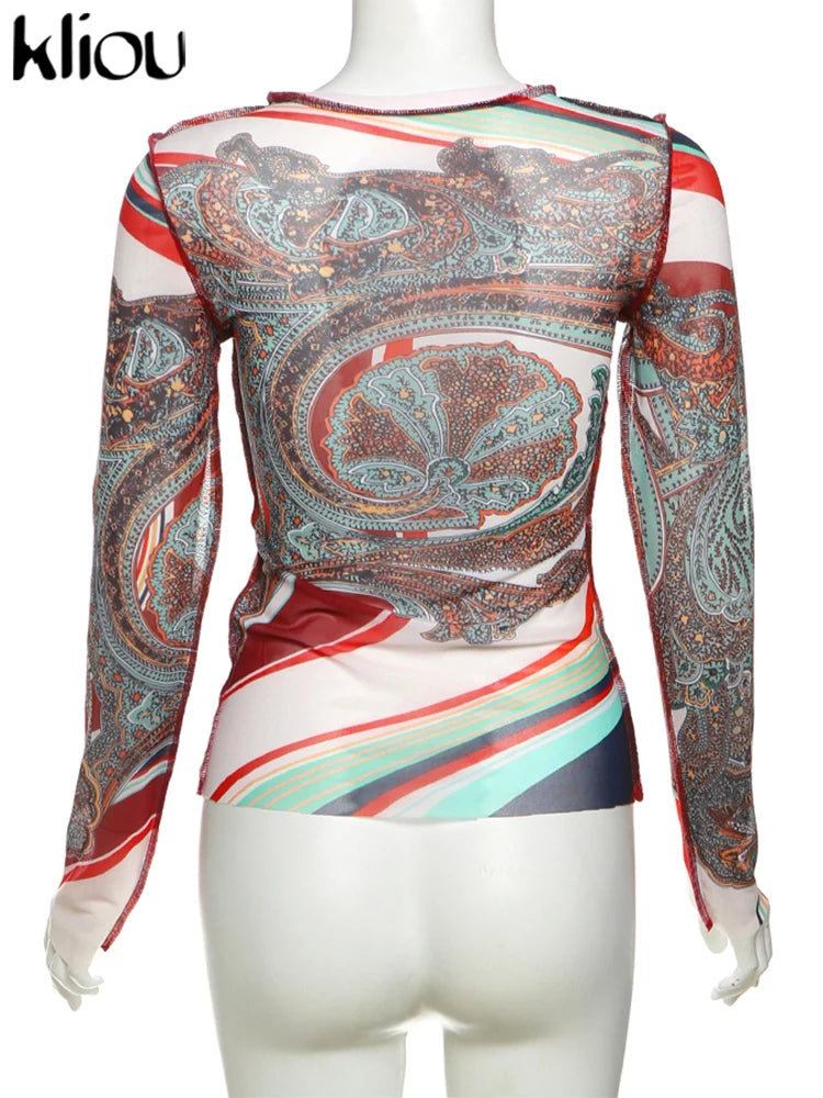 kliou Mesh Festival Printed Women T-shirts Autumn Hipster New Full Sleeve O-neck Skinny Crop Tees Female Thin Wild Streetwear