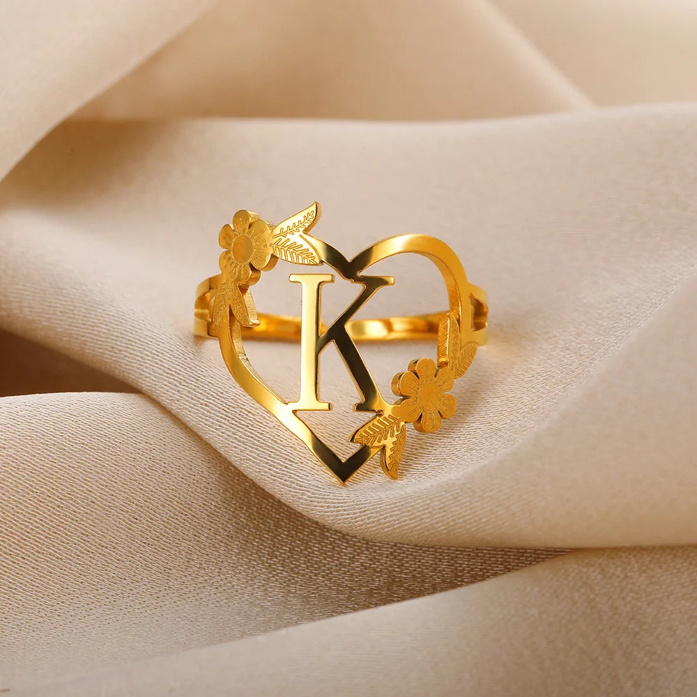 Stainless Steel Gold Color Heart A-Z Letter Rings For Women Anillos Mujer Love Open Initials Name Alphabet Ring Jewelry Gift