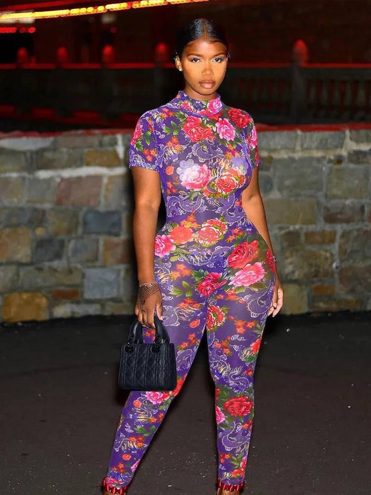 kliou Aesthetic Printed Women Jumpsuits Fashion Sexy Panelled Short Sleeve Backless Stand Collar Slim Overalls Mujer Clubwear