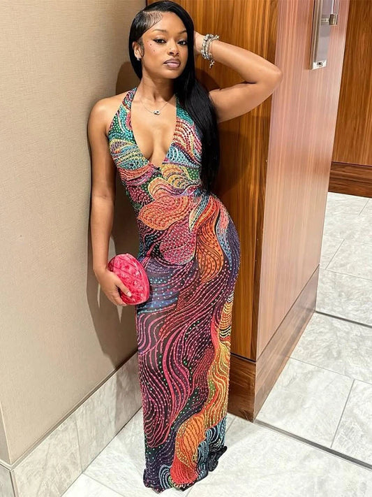 Weird Puss Diamond Print Dress Women Backless Split Colorful Halter Sexy Deep V-Neck Elegant Birthday Party Stretch Vestidos