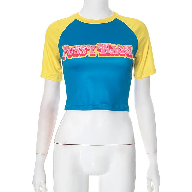 CUTENOVA Letter Printed Color Clashing Round Neck Pullover Spice Girls Short Halter Short Sleeve T-Shirt Tops For Y2K Girls Wear