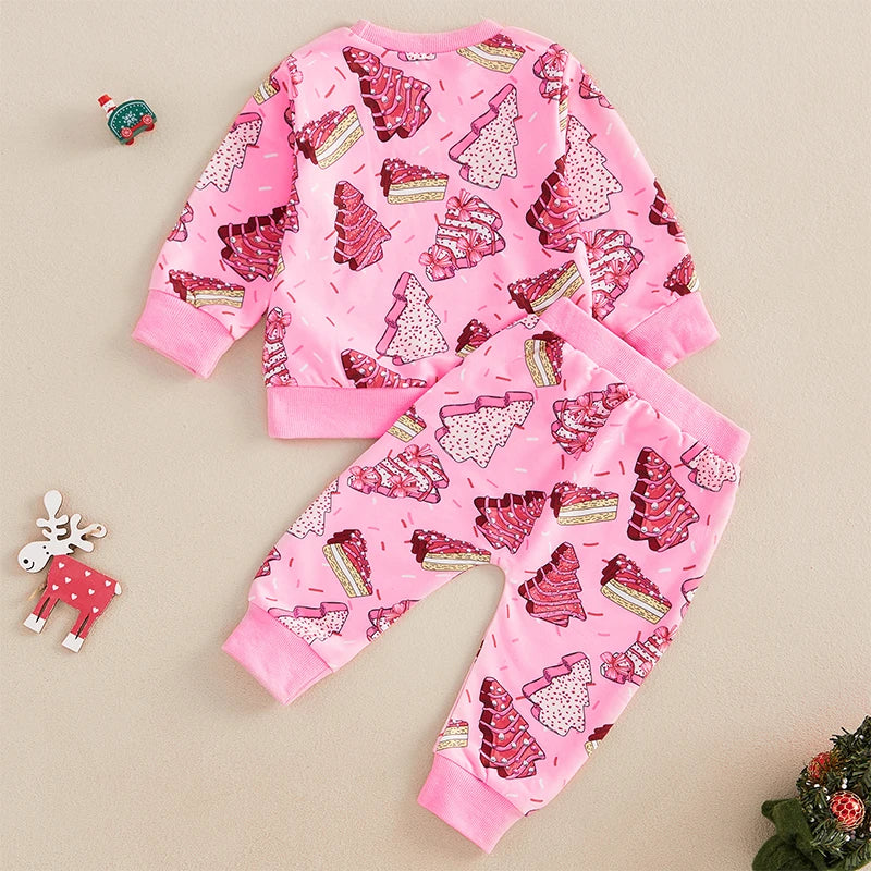 Toddler Baby Girl 2Pcs Christmas Outfits Long Sleeve Cake Print Sweatshirt + Pants Set Clothes