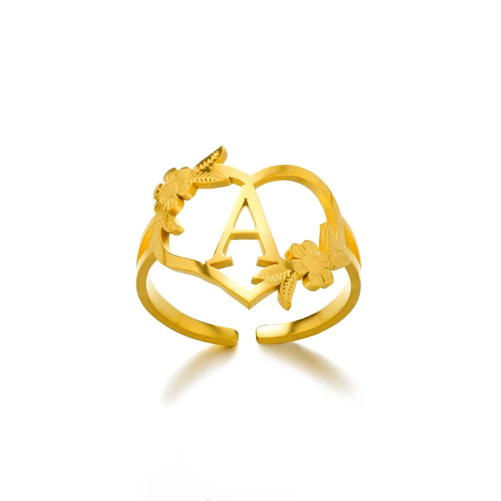 Stainless Steel Gold Color Heart A-Z Letter Rings For Women Anillos Mujer Love Open Initials Name Alphabet Ring Jewelry Gift