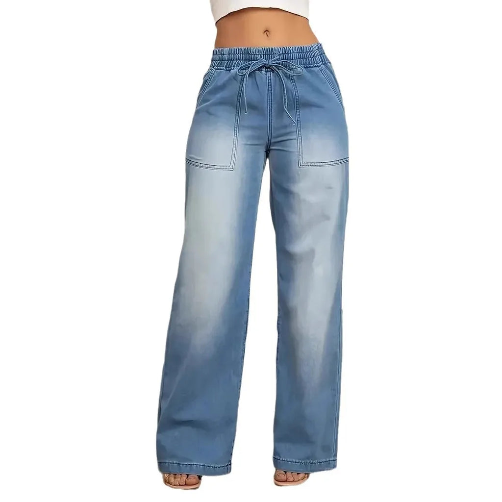 Women Jeans Wide Leg Pants Streetwear Denims Drawstring High Waist Washed Distressed Pockets Female Vintage Straight Trousers