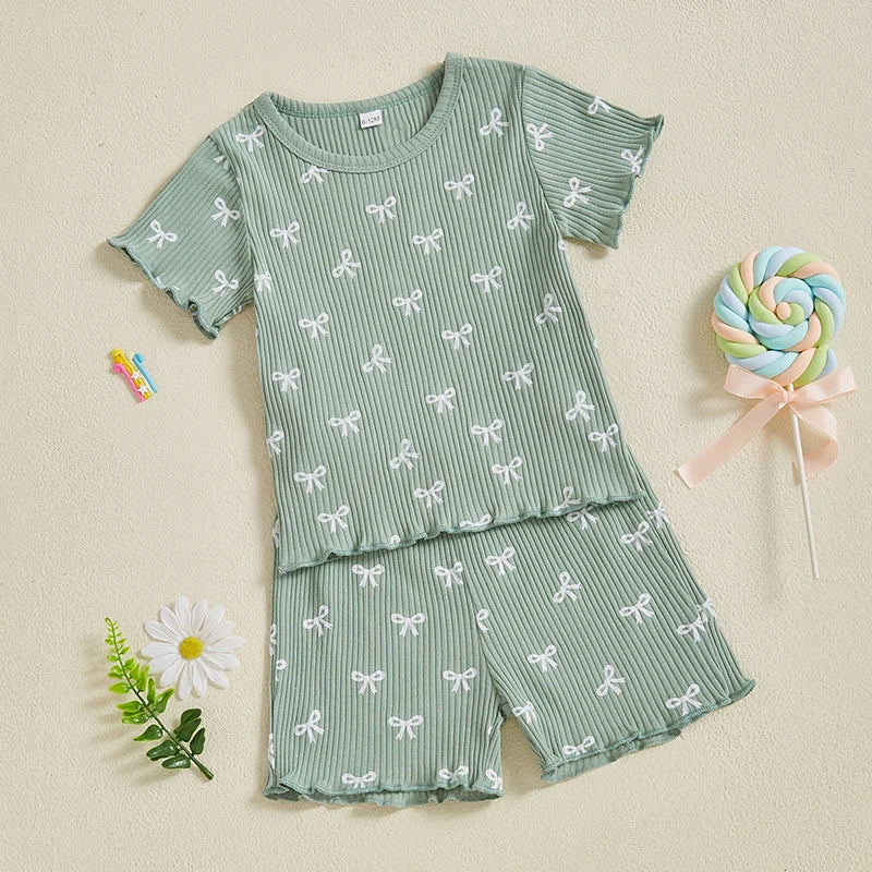 2024-12-09 Lioraitiin Toddler Baby Girl Bow Ribbed Outfit Lettuce Trim Short Sleeve Tops Elastic Waist Shorts Summer Set
