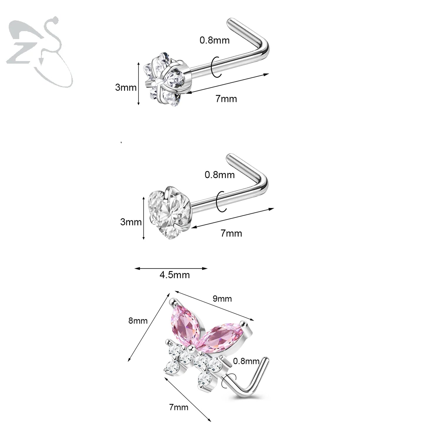 ZS 3pcs/lot 20G Stainless Steel Nose Stud Set Moon Heart Butterfly Crystal Nose Piercing Screw L Shape Nostril Piercing Jewelry
