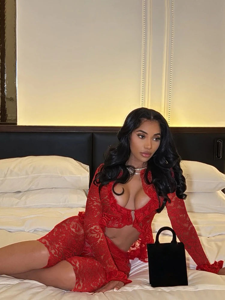 Nibber Summer Trend Jacquard Sexy Women 2 Piece Set Coquette Full Sleeve Ruffles Crop Tops+Bike Shorts Matching Clubwear Outfits