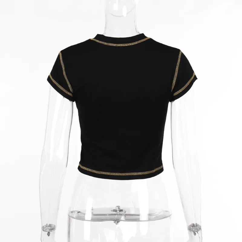 Hollow Out Crop Top Women Summer Aesthetic Clothes Printing Y2k Accessories O-Neck Ropa De Mujer Sexy Roupas Femininas Estilosas