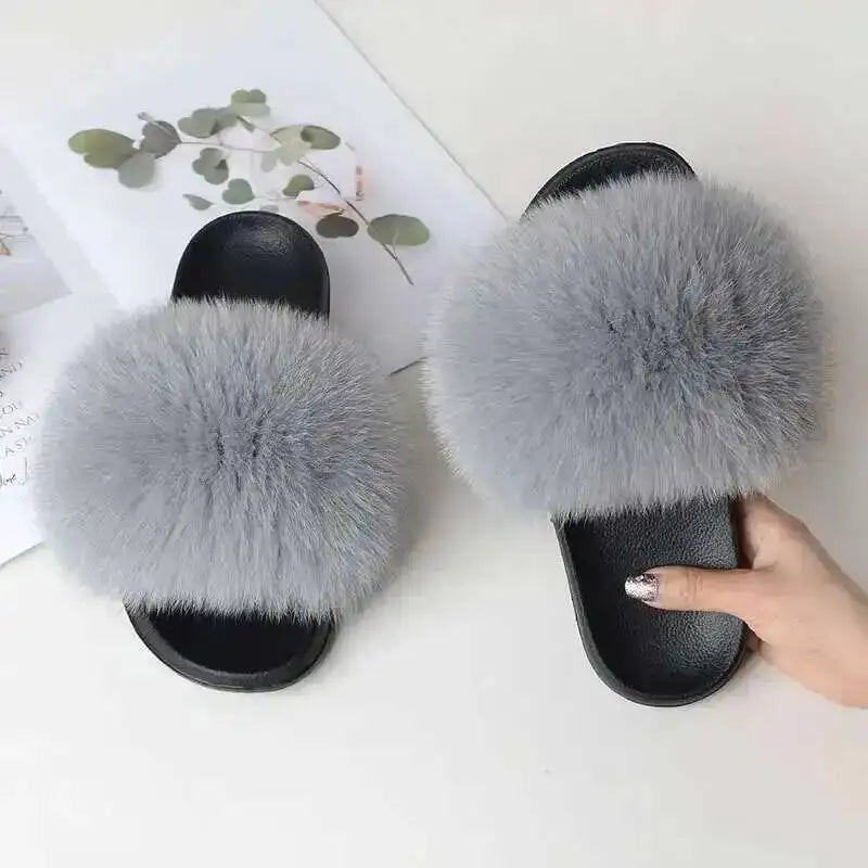 Ladies Real Fox Fur Slippers Summer Female Slides New Fuzzy Indoor Home Flats Women Cute Sandals Outdoor Beach Shoes Flip Flops