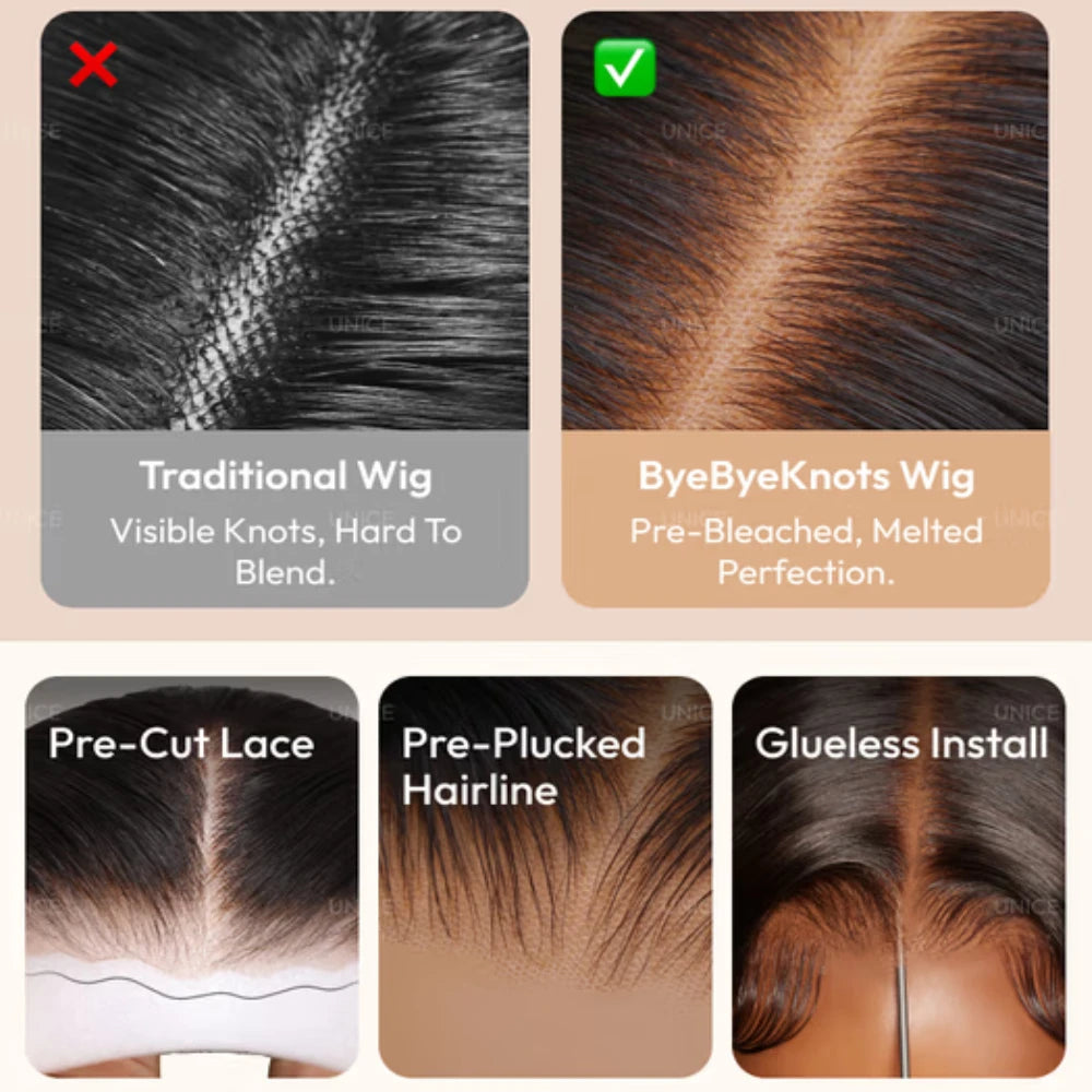 Unice Hair Silky Straight Blonde Bob Wig Human Hair With Brown Roots 7x5 Pre Cut Pre Bleached Glueless Wig Wear Go 150% Density