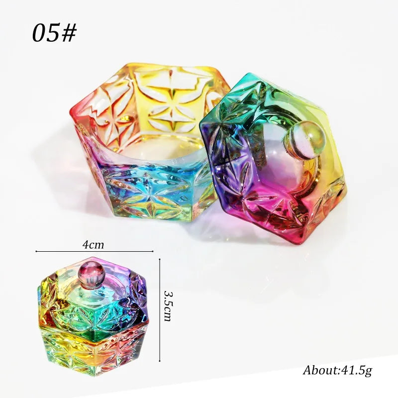 Colorful Crystal Glass Acrylic Powder Liquid Nail Cup Dish Lid Bowl with Cap Manicure Holder Equipment Nail Salon Manicure Tools