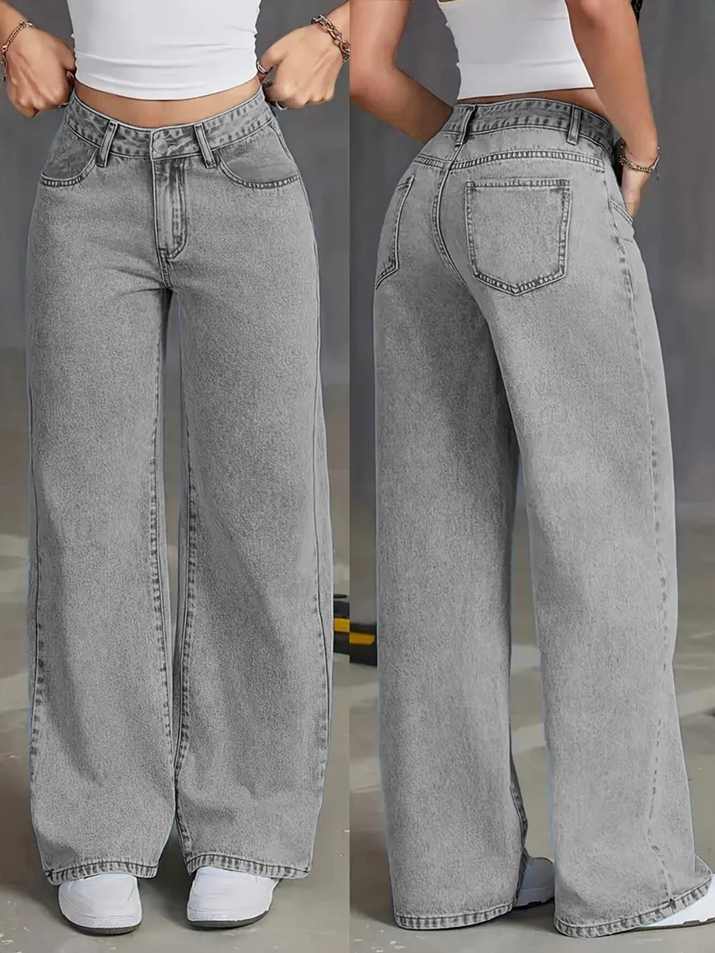 Autumn new high-waisted wide-leg women's jeans - light grey washed jeans, loose and fashionable, suitable for casual wear