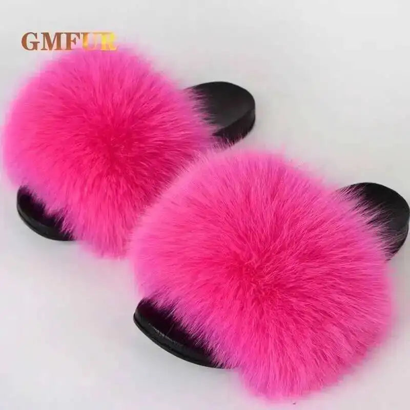 Ladies Real Fox Fur Slippers Summer Female Slides New Fuzzy Indoor Home Flats Women Cute Sandals Outdoor Beach Shoes Flip Flops