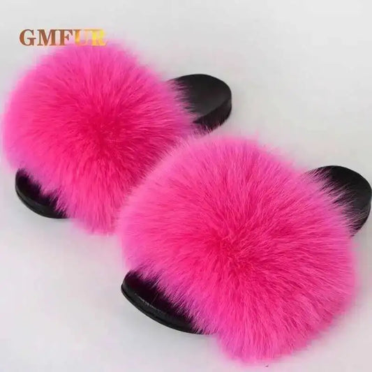 Ladies Real Fox Fur Slippers Summer Female Slides New Fuzzy Indoor Home Flats Women Cute Sandals Outdoor Beach Shoes Flip Flops