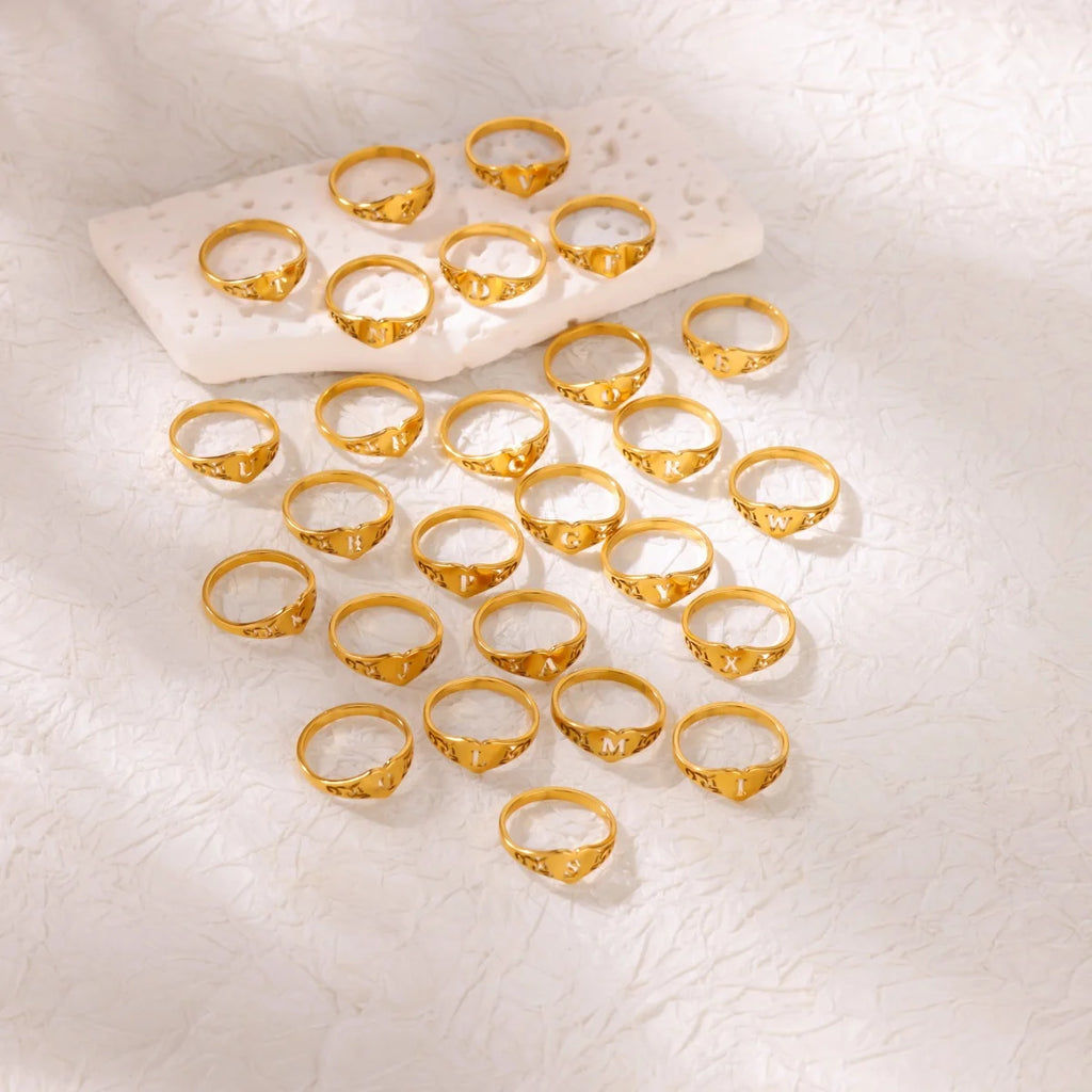 26 English Hollow Letter Initial Heart Open Rings For Women Gold Color Adjustable Stainless Steel Ring Wedding Fashion Jewelry