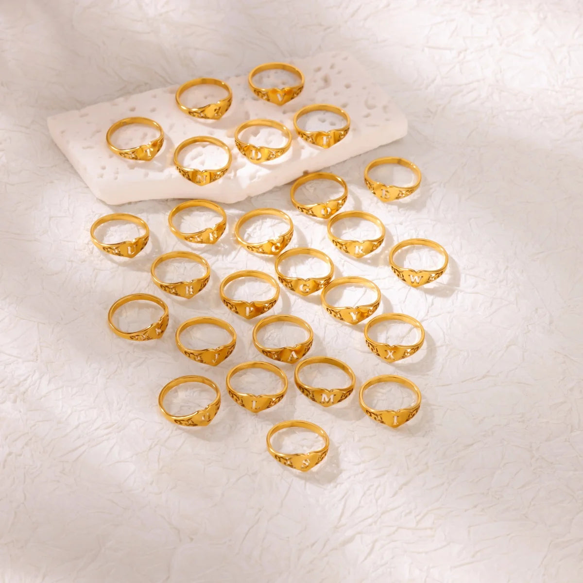 26 English Hollow Letter Initial Heart Open Rings For Women Gold Color Adjustable Stainless Steel Ring Wedding Fashion Jewelry