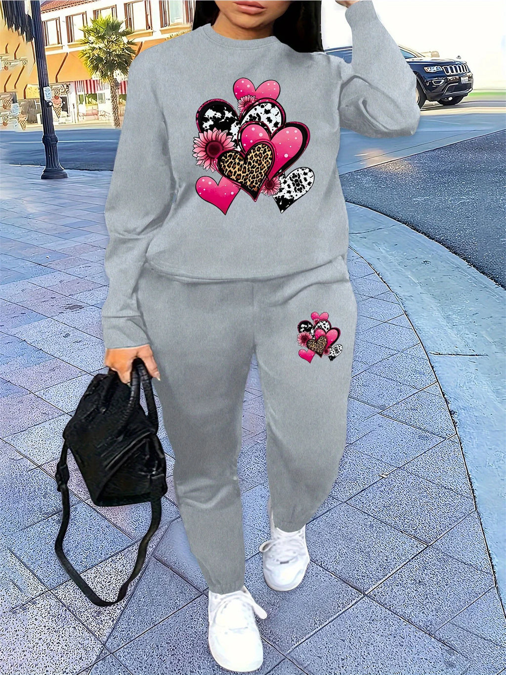 Women's Autumn/Winter Hip Hop Casual Street Fashion Heart Pattern Printed Round Neck Sweatshirt+Sweatpants Warm Set