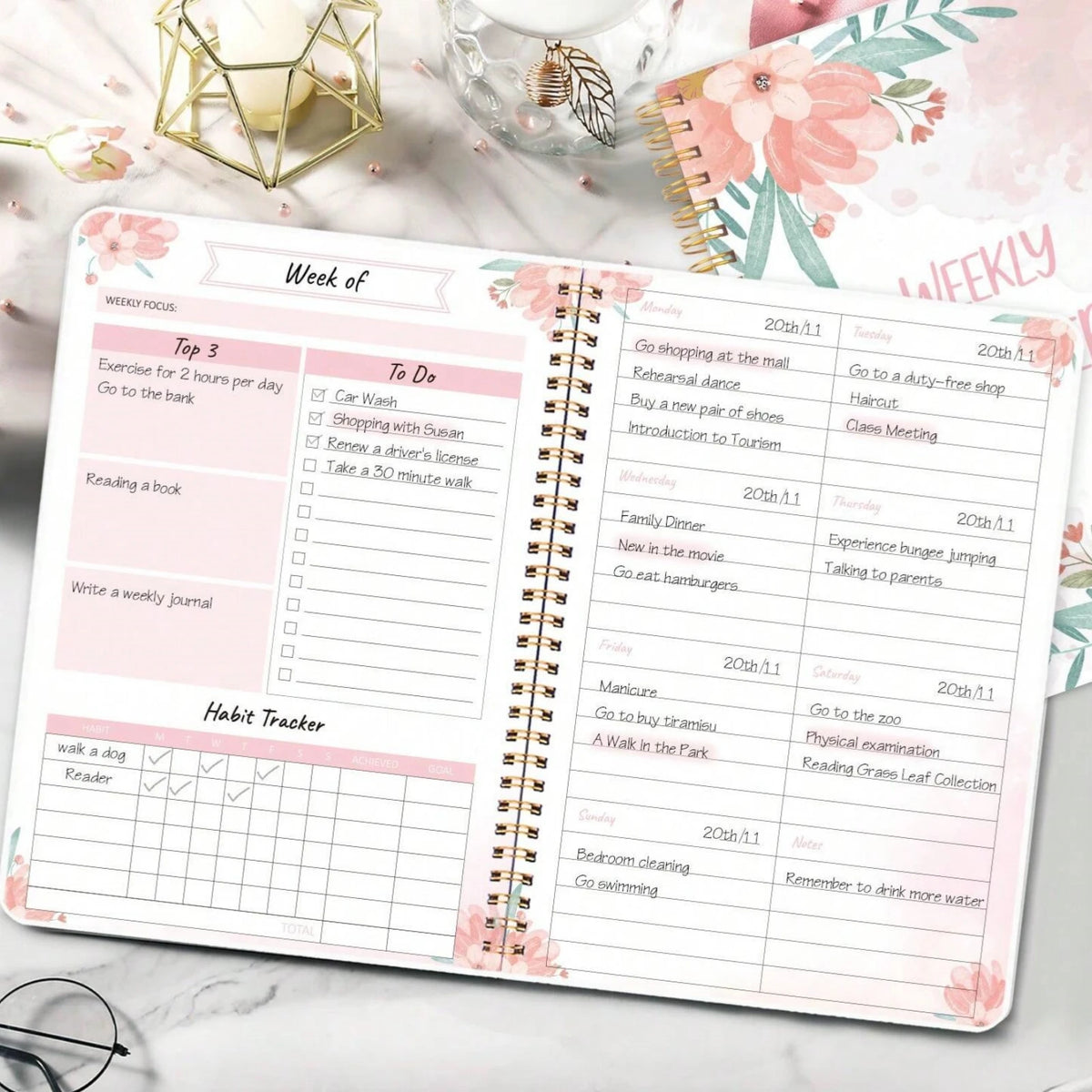 1pcFloral Weekly Planner Notebook, Spiral Weekly Journal with To Do List, Habit Tracker & Notes Pages