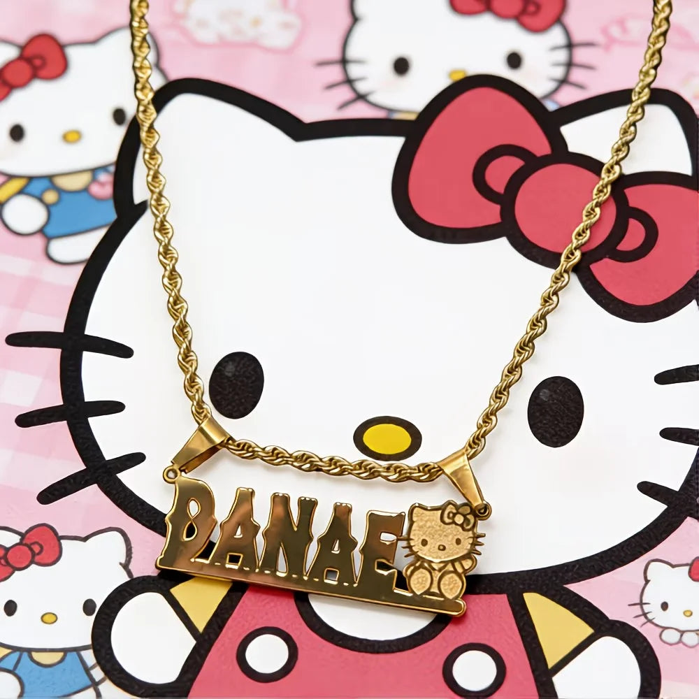 Personalized Hello Kitty Name Necklace Custom Engraved Nameplate Pendant Stainless Steel Sanrio Jewelry For Women Birthday Gift