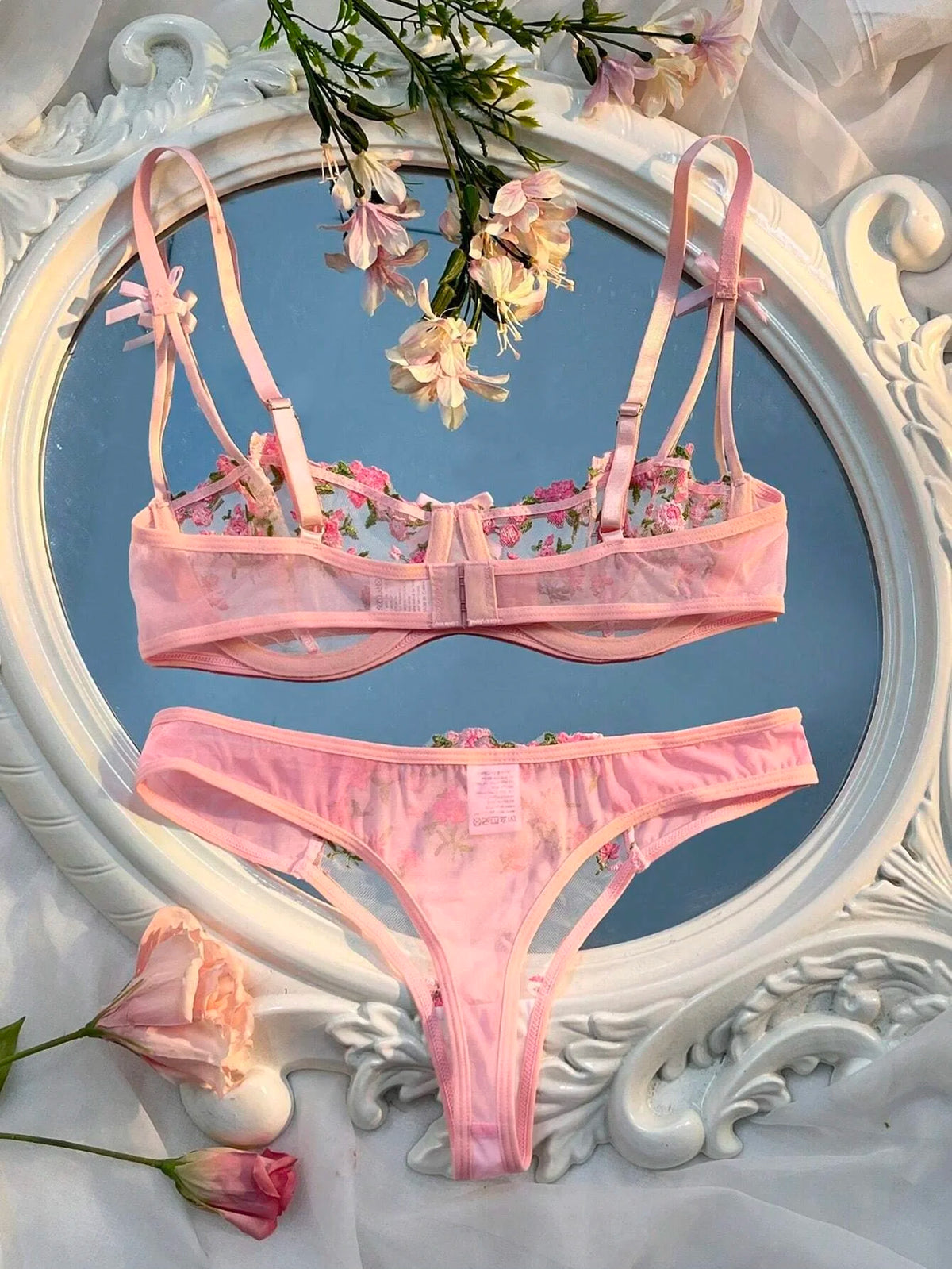 Pink Floral Embroidery Lingerie Set