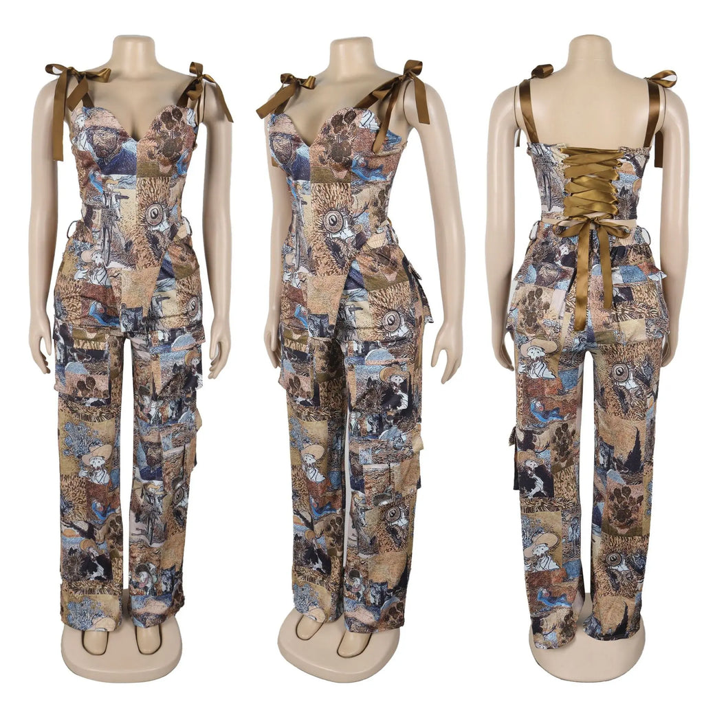 Oil Painting Printed Women's Set Lace Up Back Crop Top and Pants Suit 2025 Fall Winter Two 2 Piece Sets Outfit Tracksuit