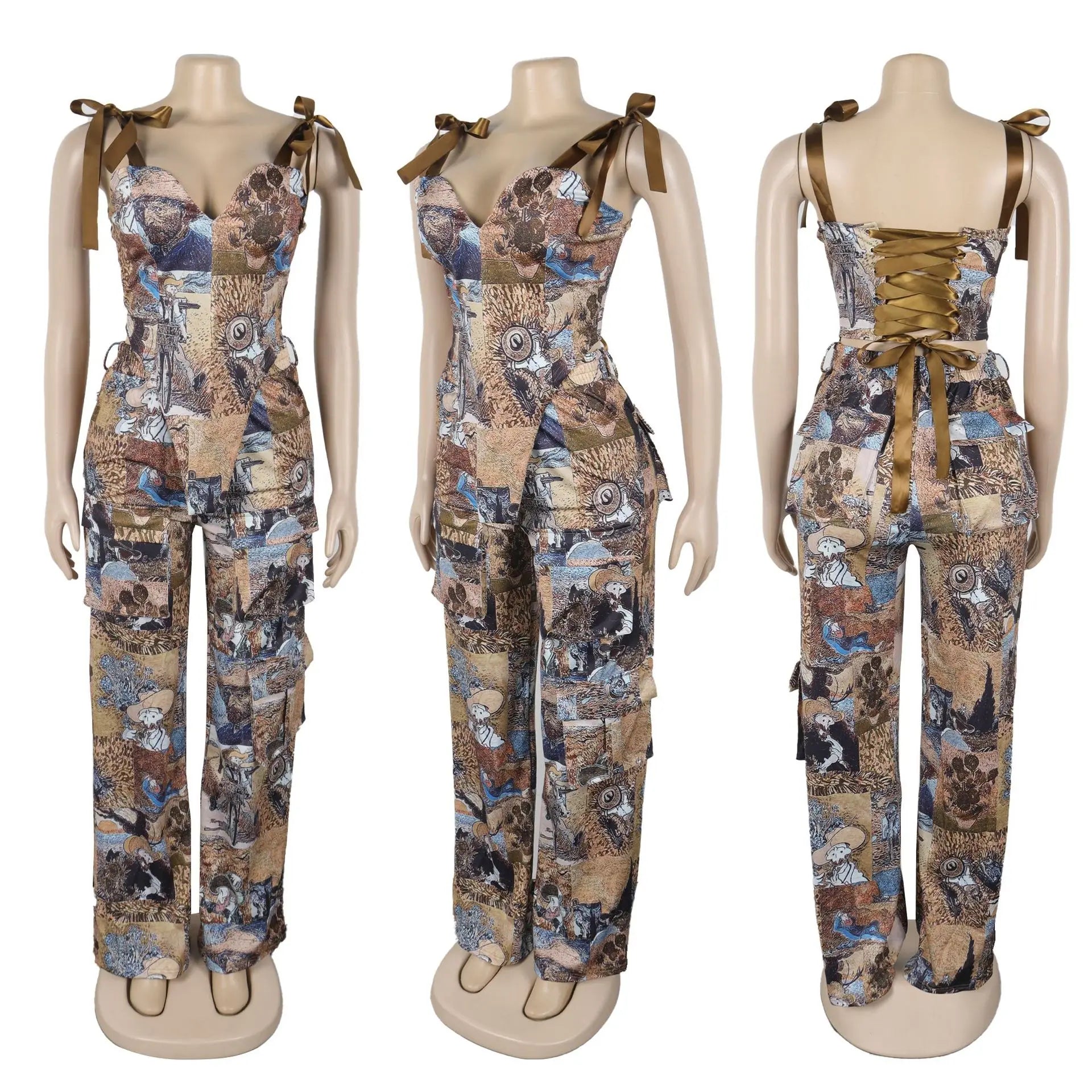 Oil Painting Printed Women's Set Lace Up Back Crop Top and Pants Suit 2025 Fall Winter Two 2 Piece Sets Outfit Tracksuit
