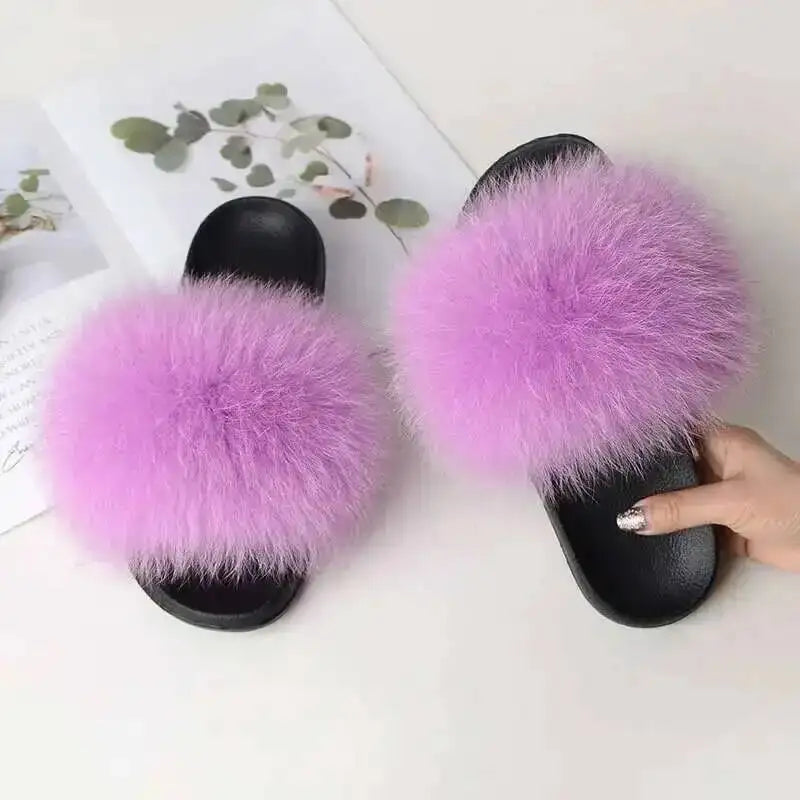 Ladies Real Fox Fur Slippers Summer Female Slides New Fuzzy Indoor Home Flats Women Cute Sandals Outdoor Beach Shoes Flip Flops