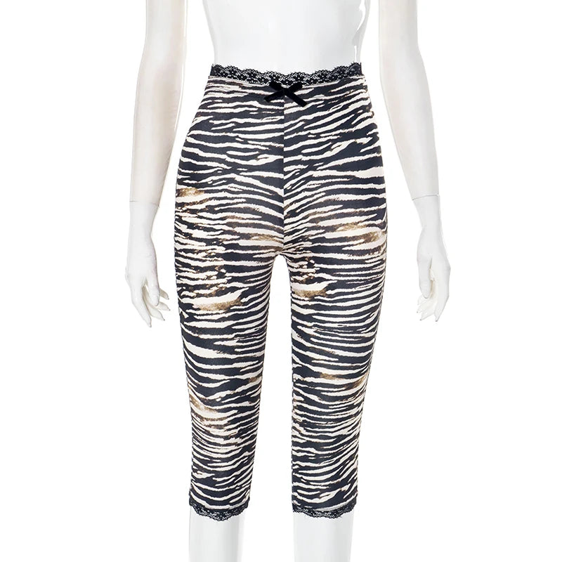 CUTENOVA Sexy Hottie Lace Edge Bow Decoration Leopard Print Slim Seven Pants Summer New Women'S Fashion Street Casual Seven Pant