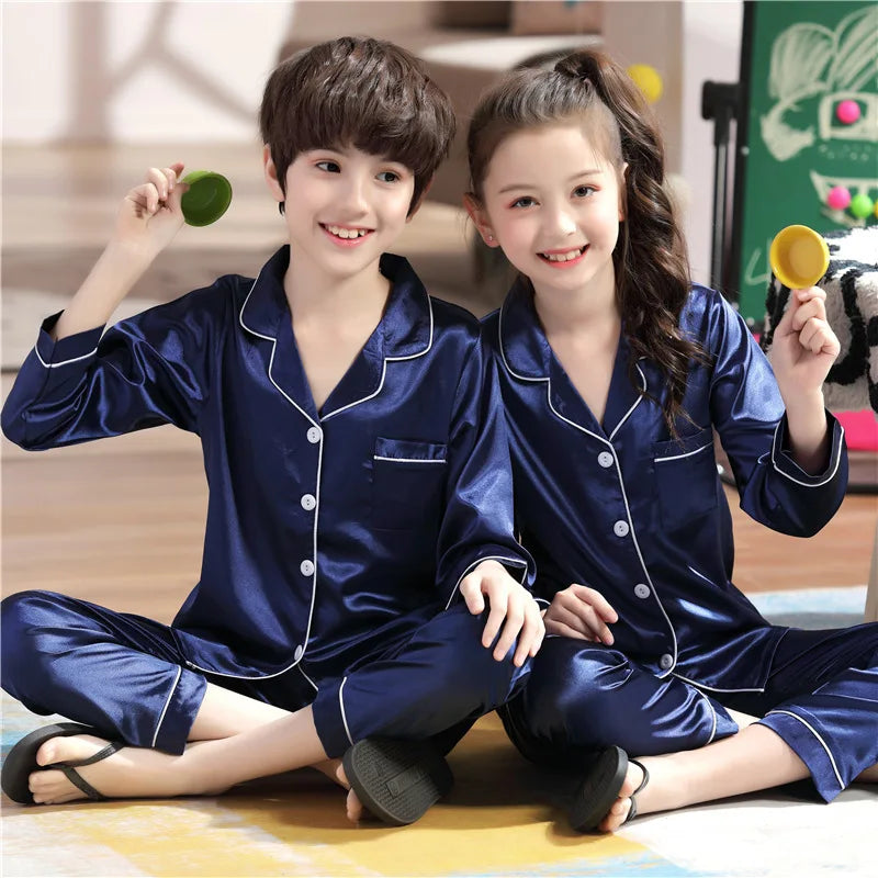 Children's Clothing Teen Girl Pink Satin Pajamas Long Sleeve Kids Homewear Clothes Boys Solid Nightshirt Silk Pijamas Baby Pjs