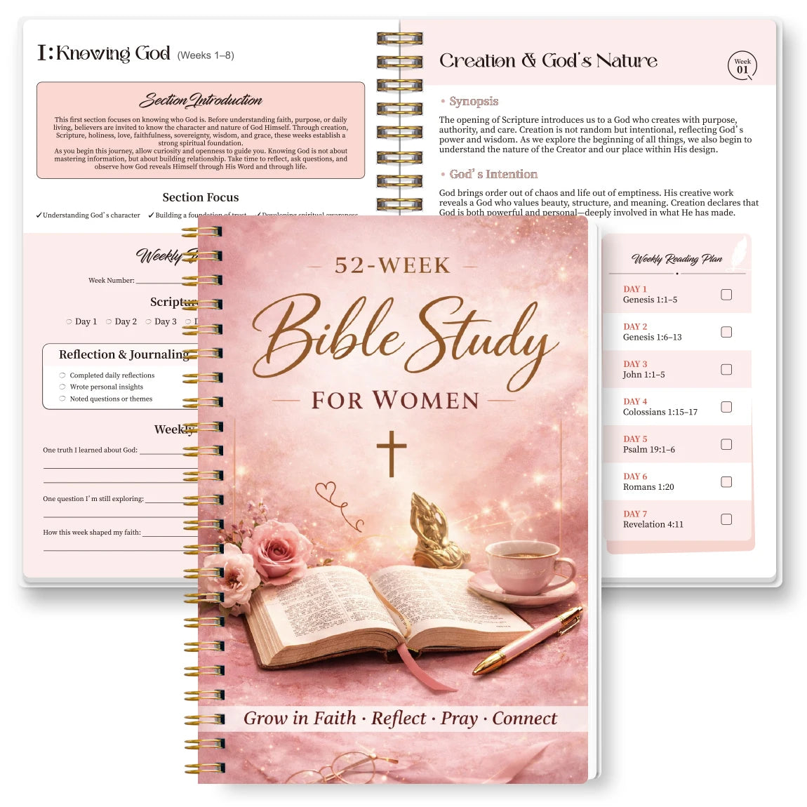 52 Week Bible Study Journal for Women Spiral Bound Guided Faith Planner with Daily Reading Reflection Tracker