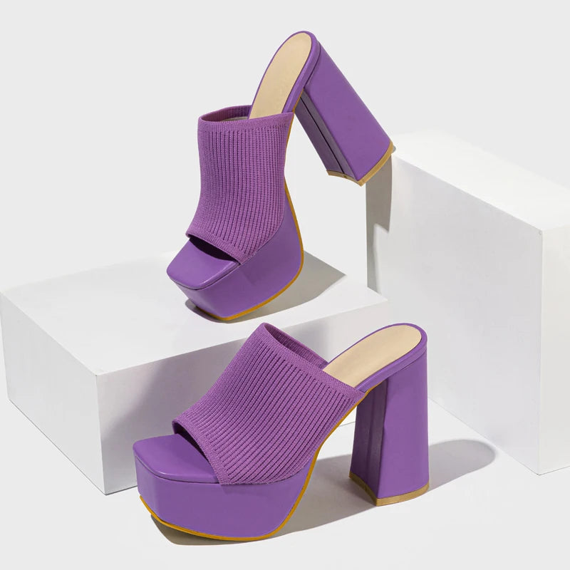 Aneikeh Summer Knitting Yarn Pleated Platform Rome Shallow Thick Bottom Peep Toe Thin Heels Women Sandals Slip-On Party Shoes