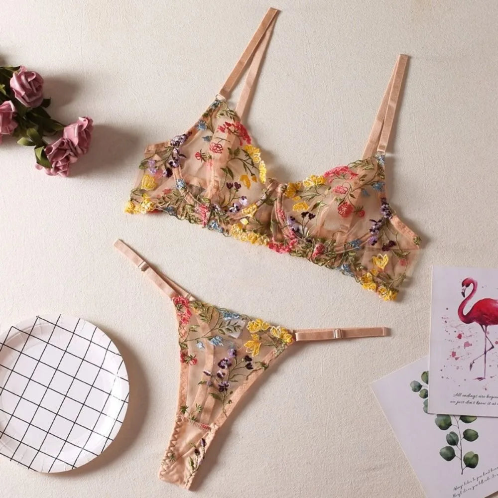 Floral Embroidery Wireless Bra & Panty Set