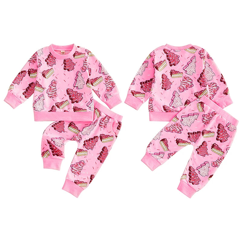 Toddler Baby Girl 2Pcs Christmas Outfits Long Sleeve Cake Print Sweatshirt + Pants Set Clothes