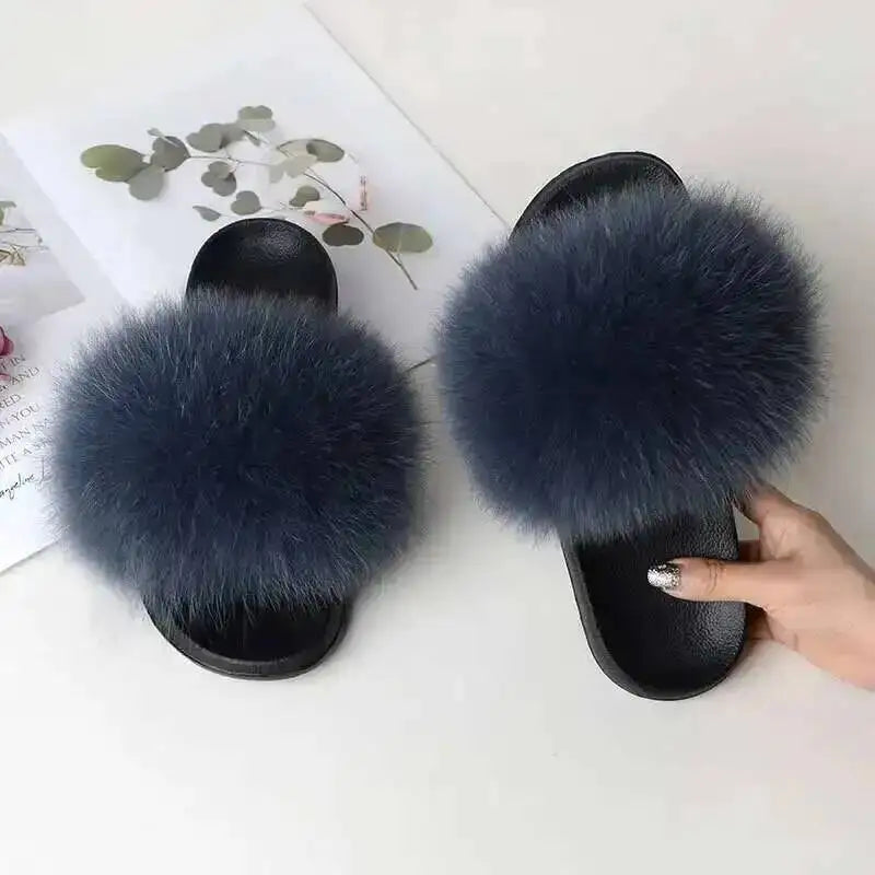 Ladies Real Fox Fur Slippers Summer Female Slides New Fuzzy Indoor Home Flats Women Cute Sandals Outdoor Beach Shoes Flip Flops