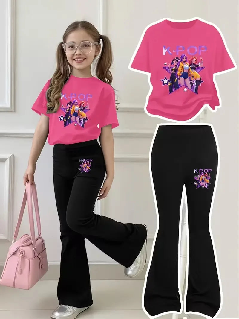 Two-Piece Set for Girls Aged 4 to 12, Includes a Short-Sleeved T-Shirt and Fitted Flared Pants—Style 67, Features Standard Casual and Comfortable Crew Neck Pants, Suitable for Outdoor Wear