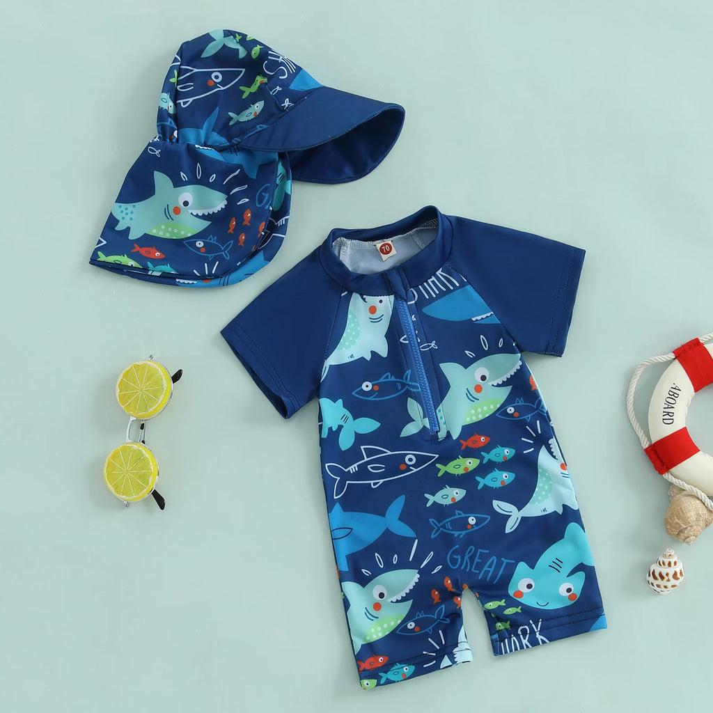 BeQeuewll Toddler Boys Summer Swimming Suit Kids Rash Guard Swimsuit Shark Print Zipper Short Sleeve Kids Bathing Suit with Cap